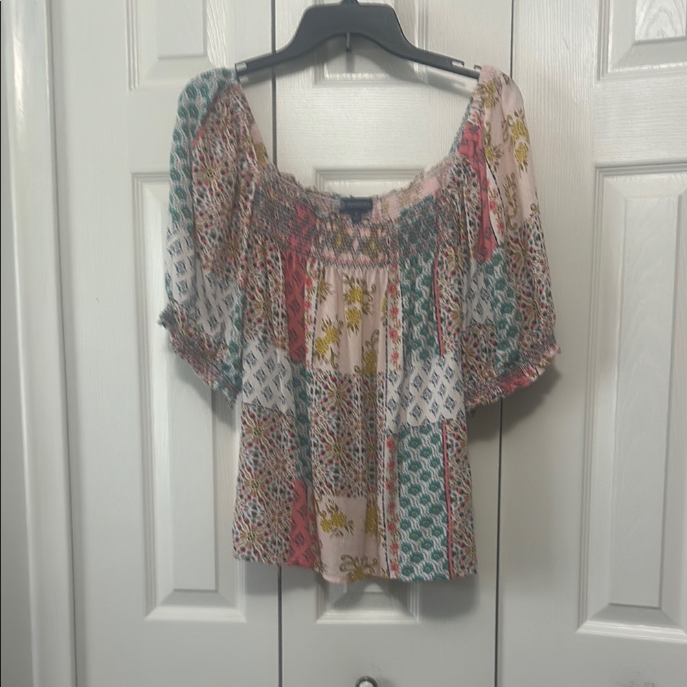 Democracy Multicolored Flutter Sleeve Smocked Blouse